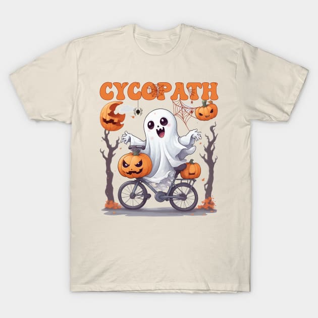 Cycopath Ghost on a Bicycle - Spooktacular Autumn Ride T-Shirt by Rishirt